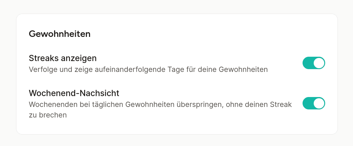 Gewohnheiten-Einstellungen mit Streak-Sichtbarkeit