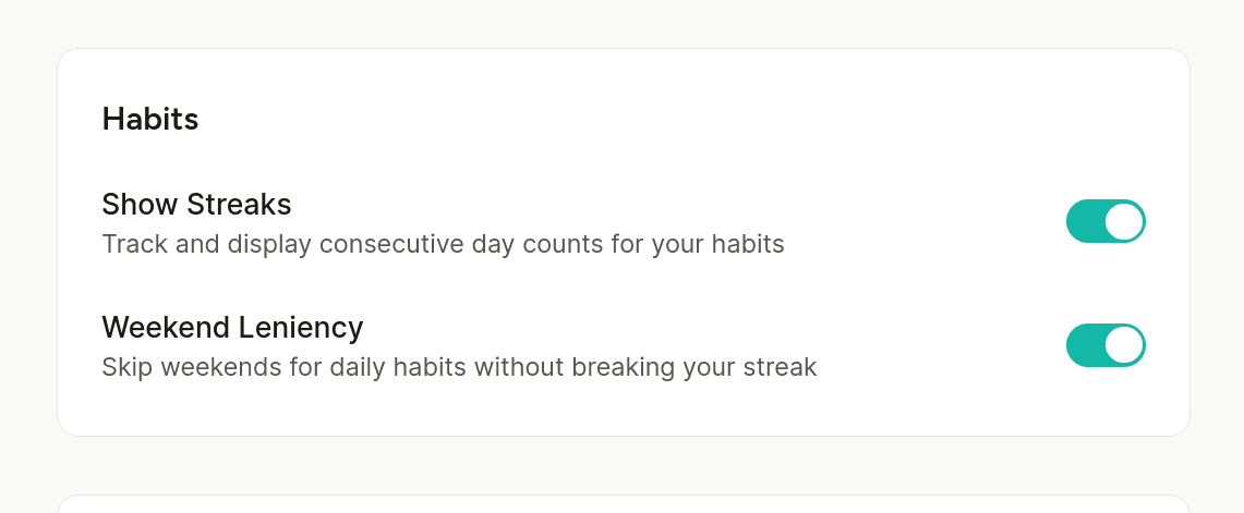 Habits settings with streak visibility